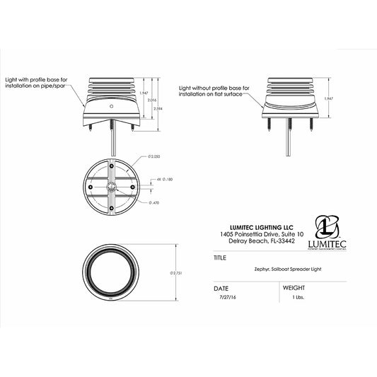 Zephyr Sailboat Spreader Light technical diagram with pipe and flat surface mounting options