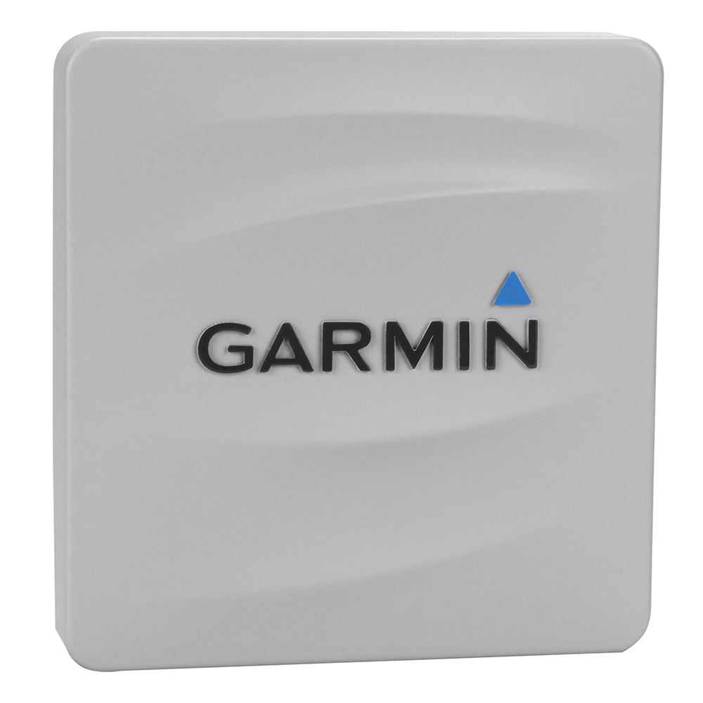 Garmin marine GPS antenna with blue triangle logo, compact white design for boating navigation