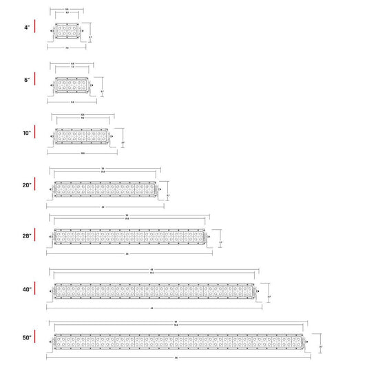 LED light bar size chart with dimensions for 4" to 50" models, ideal for auto lighting upgrades