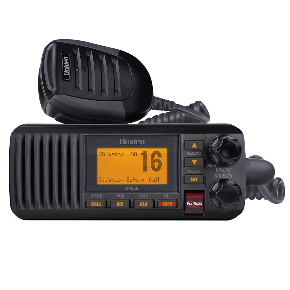 Uniden UM385 marine VHF radio with 25W output, channel 16 display, and distress button for boating safety communication.