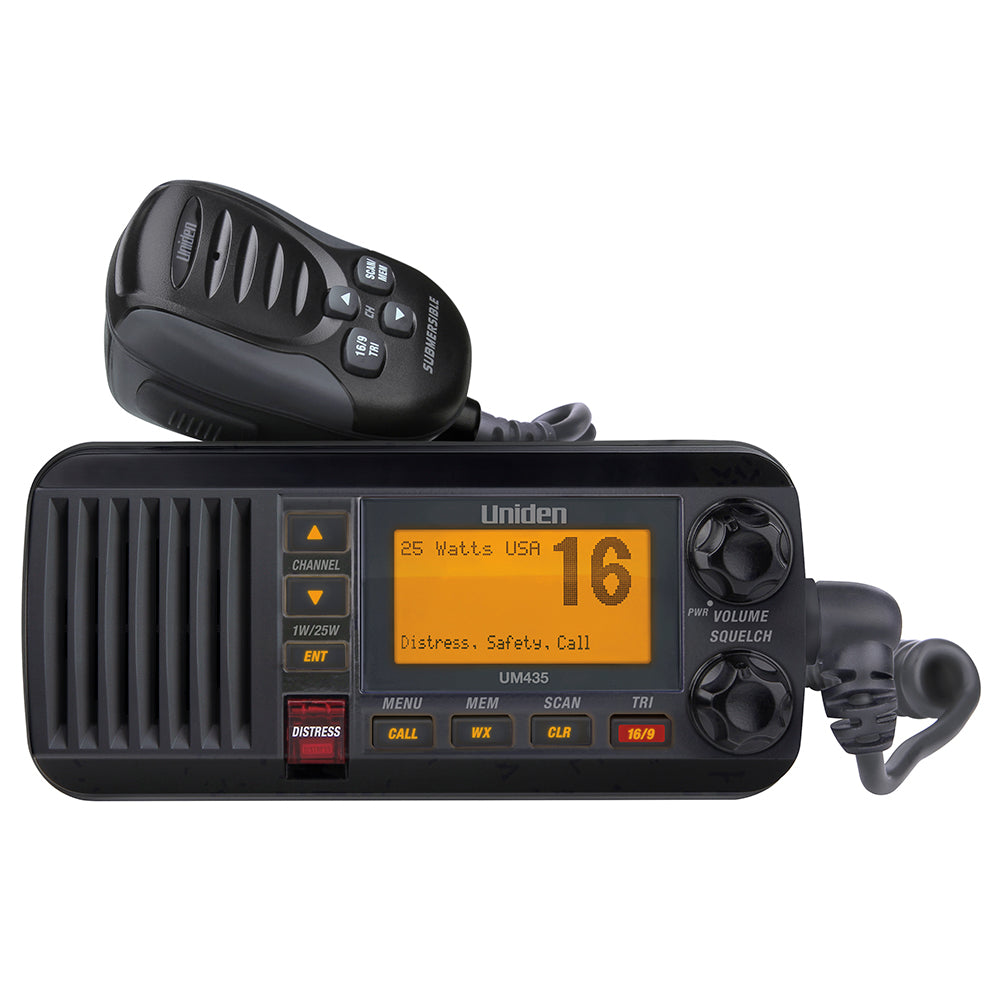 Uniden UM435 marine VHF radio with 25W output, channel 16 display, and submersible mic for boat safety communication