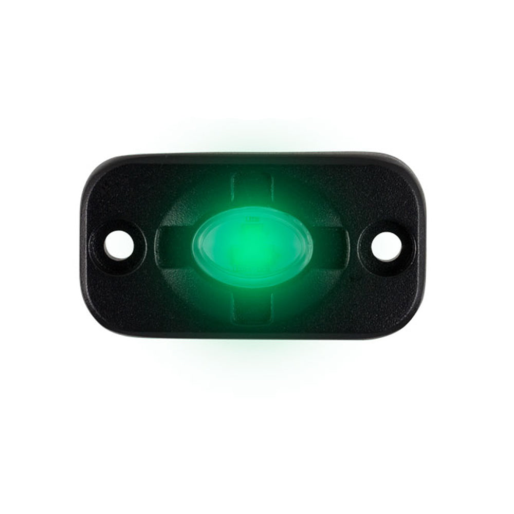 Green LED indicator light with black housing, ideal for auto or marine applications