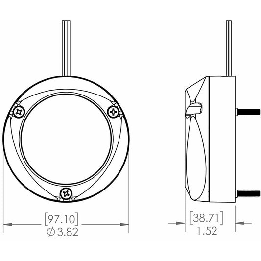 Technical diagram of circular audio component with mounting dimensions for car or home installation