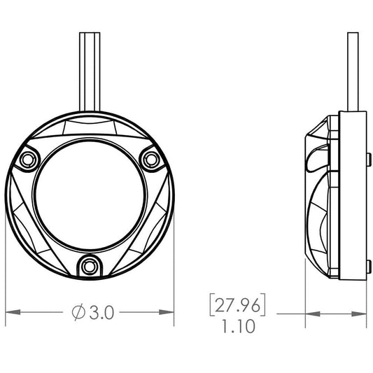 Technical diagram of a circular audio component with mounting dimensions for car audio installation