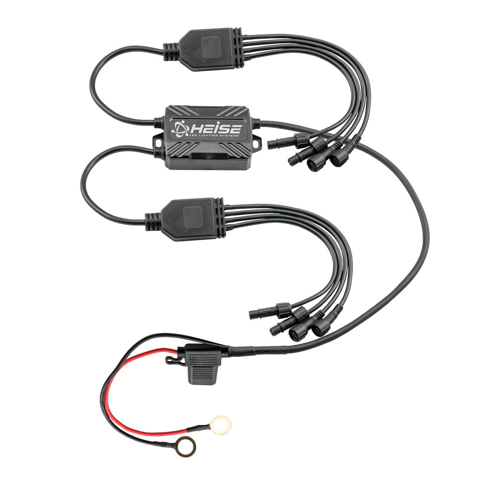 Heise LED lighting system wiring harness for automotive installs, featuring connectors and power leads