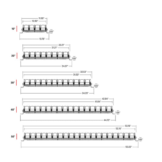 Technical diagram showing 10” to 50” LED light bar dimensions for auto or commercial installation