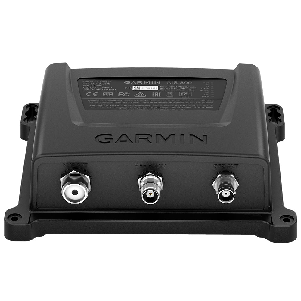Garmin AIS 800 marine transceiver with VHF and GPS antenna ports, black compact unit for boat navigation systems