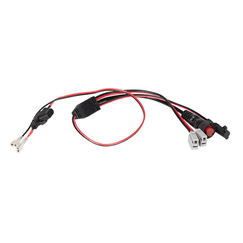 Red and black wiring harness with connectors for car audio installation
