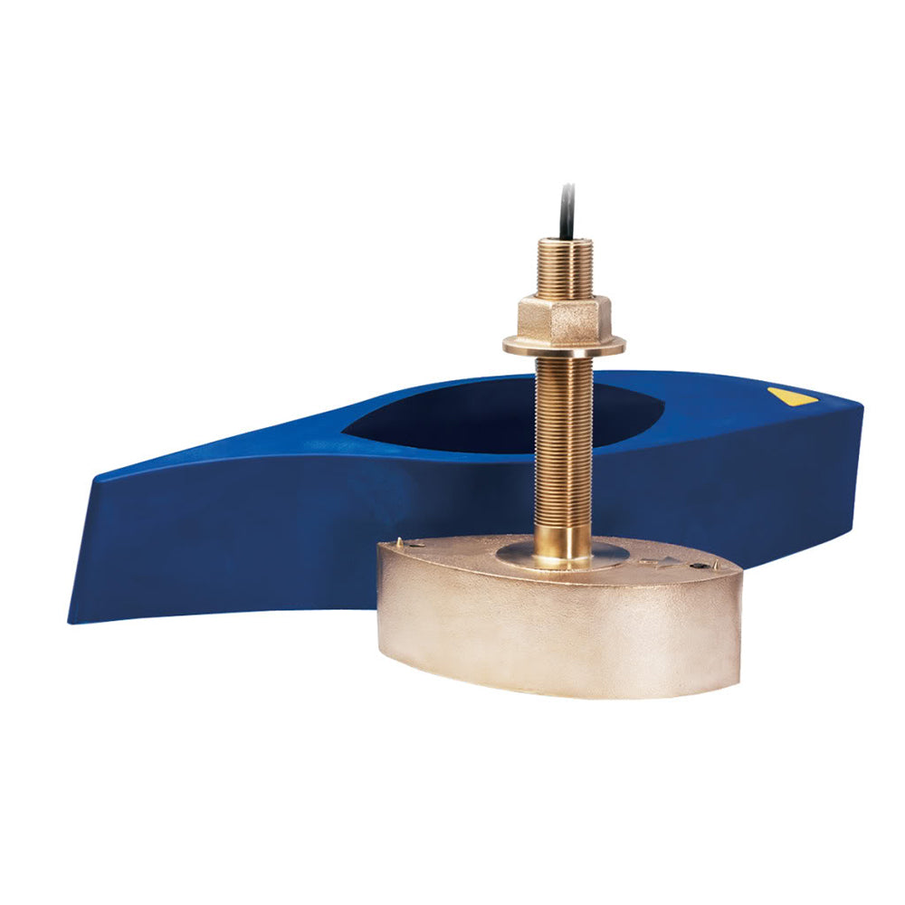Blue and brass marine transducer with threaded mount and cable for boat sonar installation