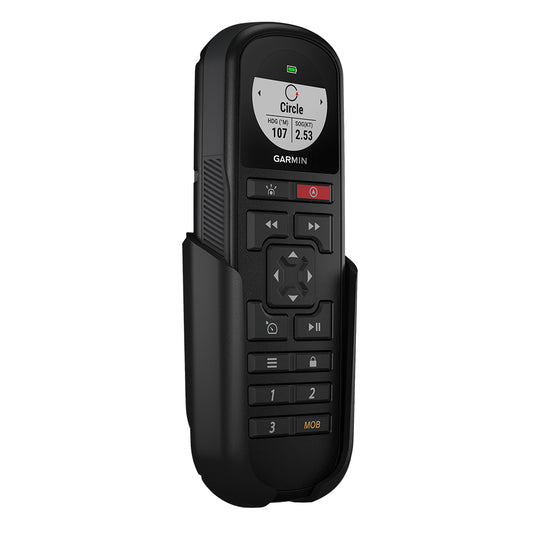 Garmin marine remote control with digital display showing heading and speed, mounted in holder