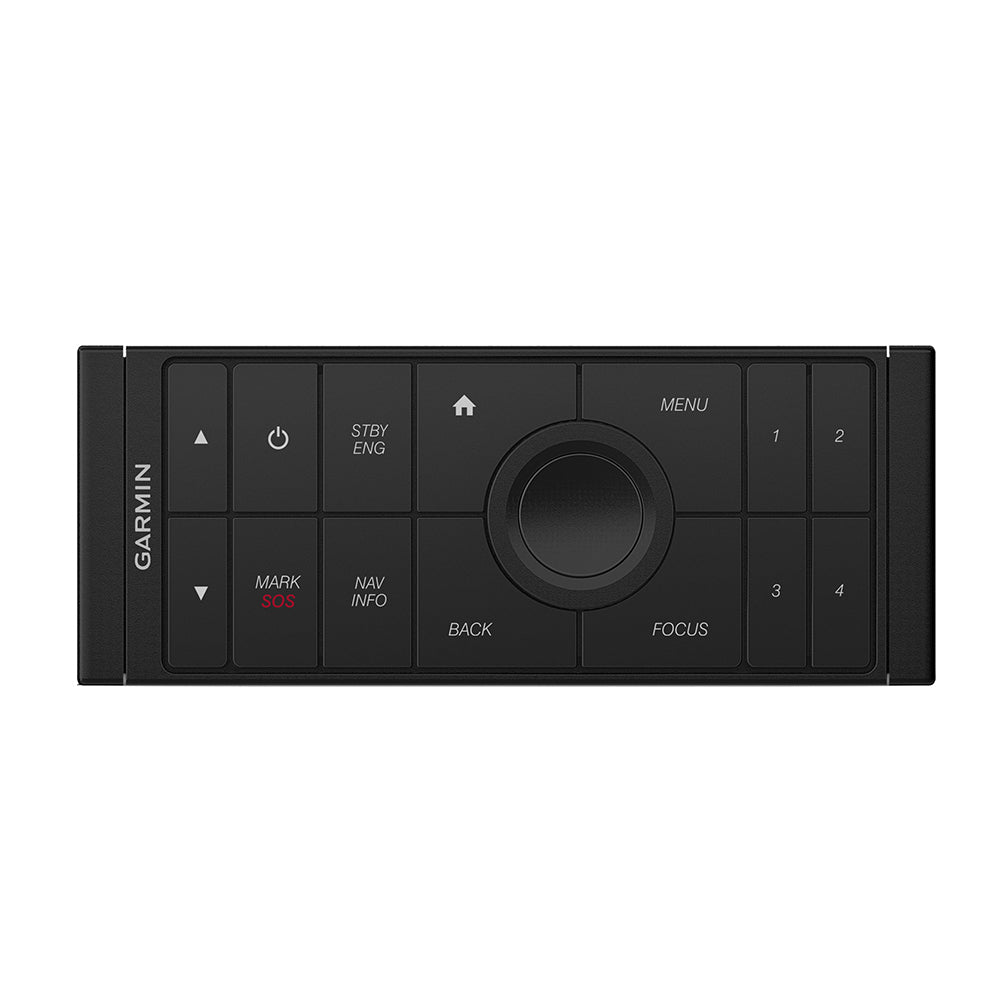 Garmin marine control panel with rotary dial, SOS button, and navigation keys for boat electronics