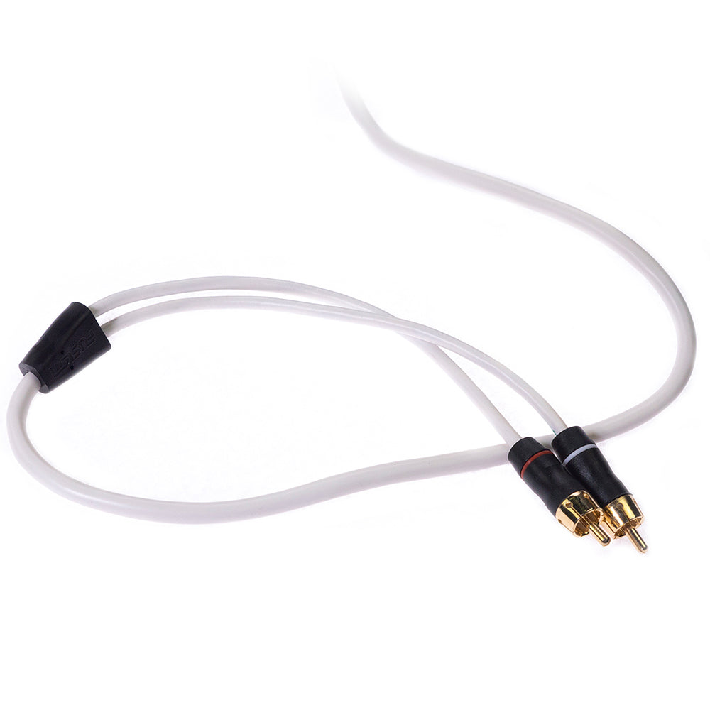 White RCA audio cable with gold-plated connectors for car stereo or home audio systems