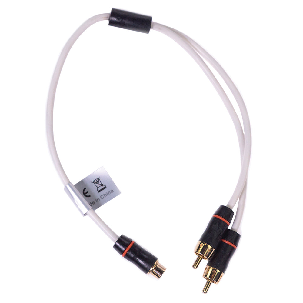 White RCA Y-cable with gold connectors for car audio or home stereo systems