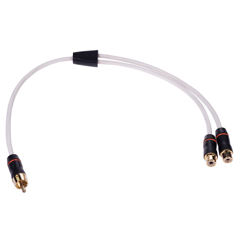 RCA Y-splitter cable with gold connectors for audio/video signal distribution