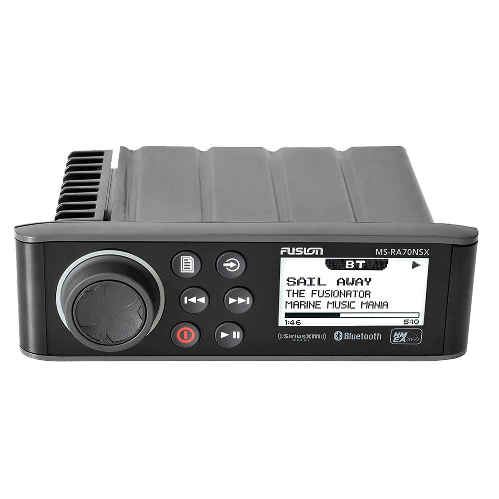 Fusion MS-RA70NSX marine stereo with Bluetooth and SiriusXM, displaying 'Sail Away' track on screen