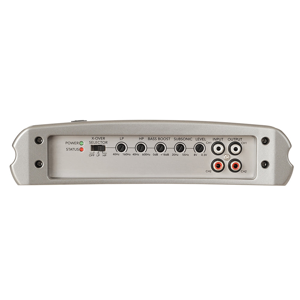 Car audio crossover with LP/HP filters, bass boost, and RCA inputs/outputs for custom sound tuning
