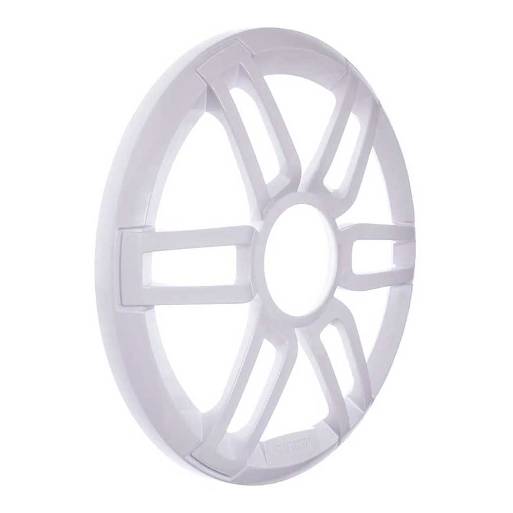 White circular speaker grille with radial slats for car audio installation