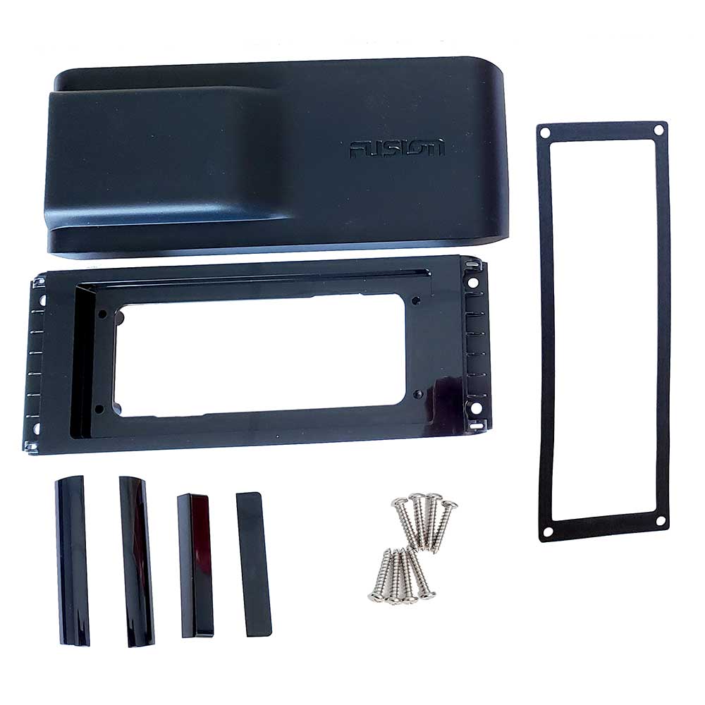 Fusion marine stereo installation kit with bezel, frame, screws, and trim pieces for boat audio systems
