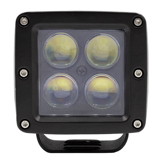 Square LED work light with four round lenses, black housing, and mounting bracket for off-road vehicles.