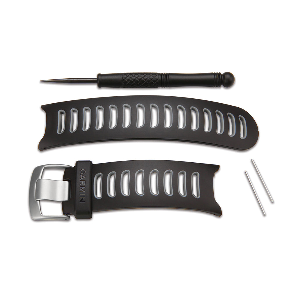 Garmin black silicone watch band with silver buckle, tool, and pins for easy replacement