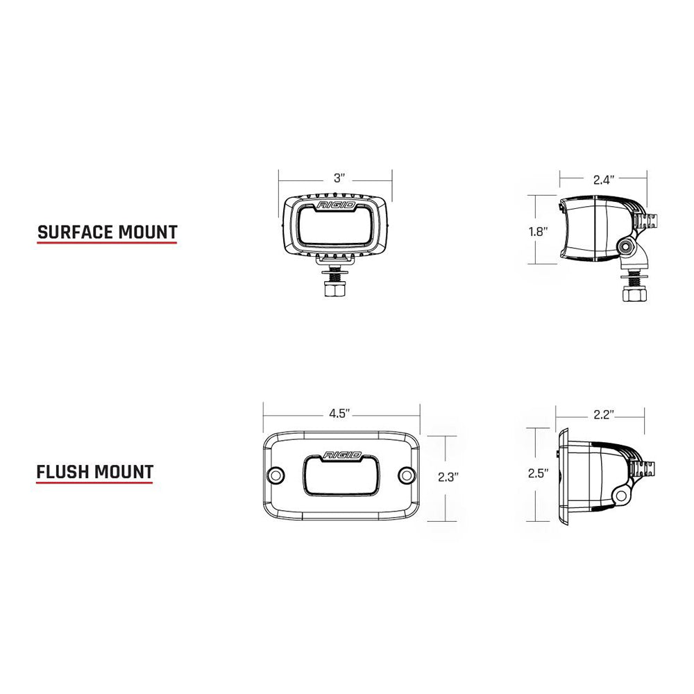Rigid Industries LED light mounting options: surface mount and flush mount with dimensions