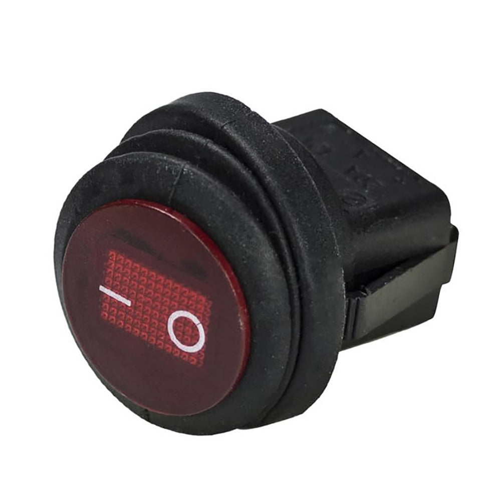Red illuminated rocker switch with on/off symbols, black housing for auto or marine use