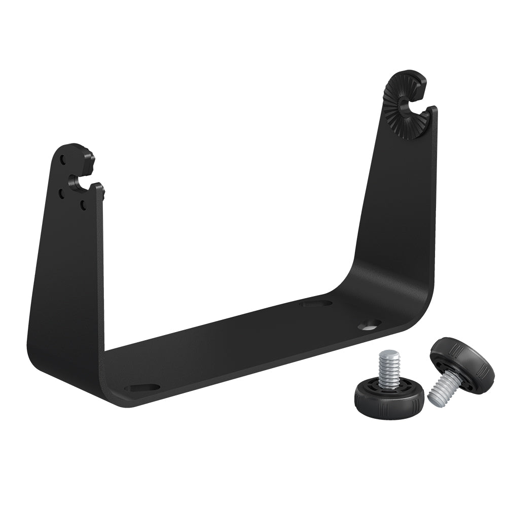 Black metal mounting bracket with adjustment knobs for audio or car stereo installation