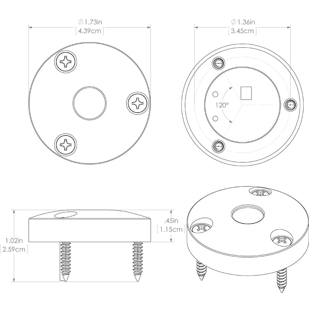 Technical diagram of circular mounting bracket with screw holes and dimensions for auto audio installation