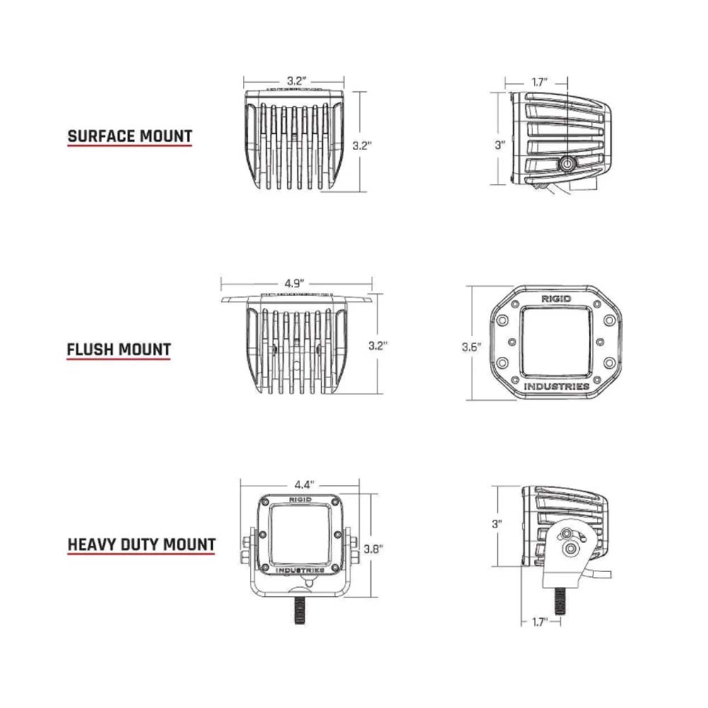 Rigid Industries LED light mounting options: surface, flush, and heavy duty with dimensions