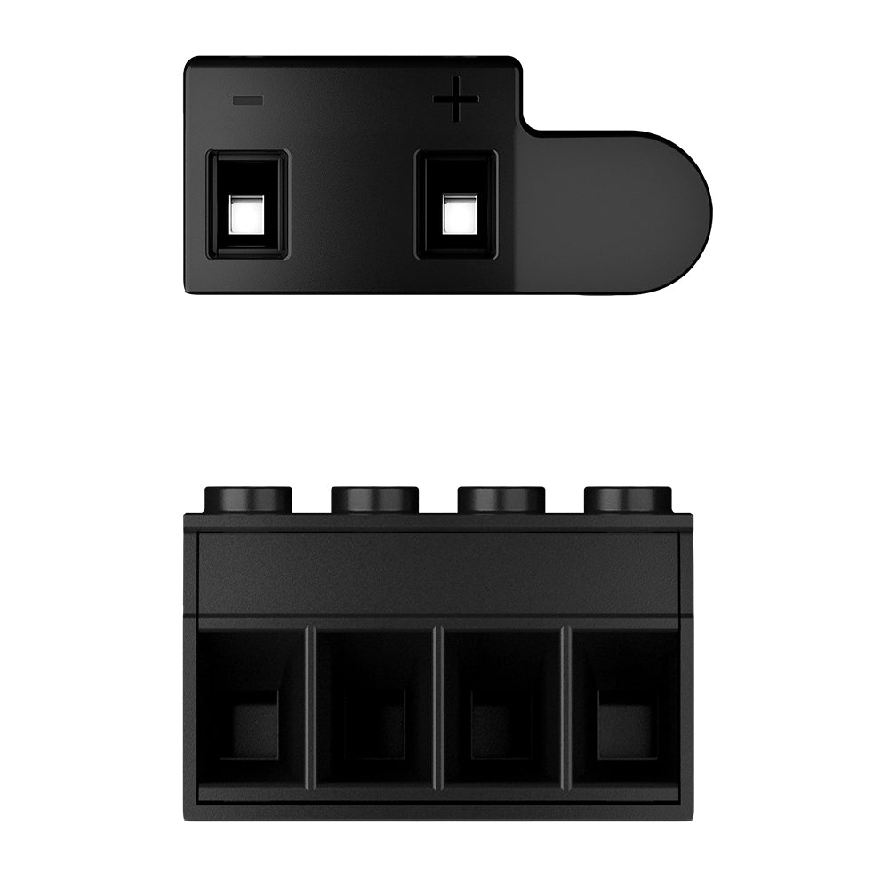 Black car audio terminal block with + and - terminals, modular design for JL Audio or Alpine systems