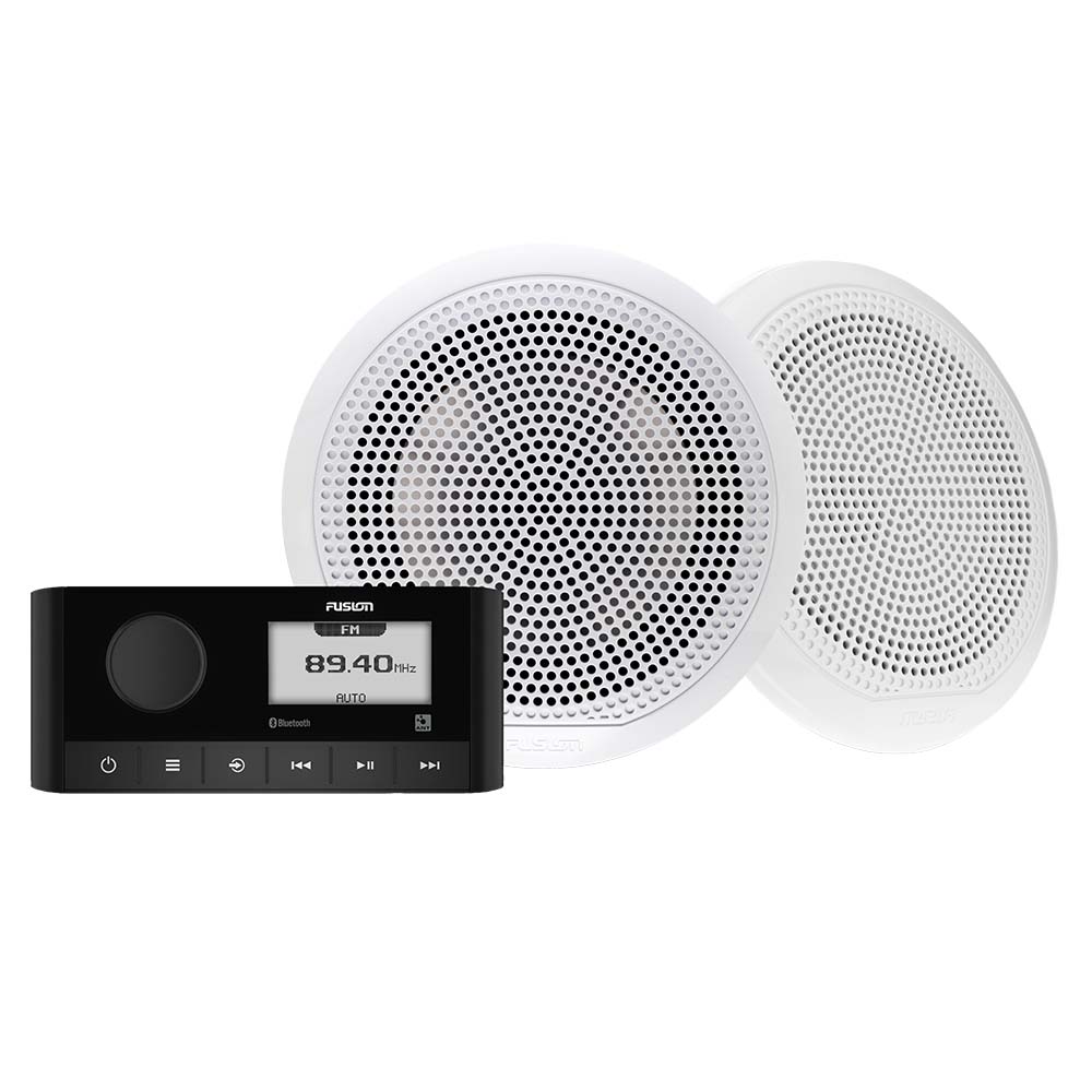 Fusion marine stereo with Bluetooth and white waterproof speakers for boat audio systems
