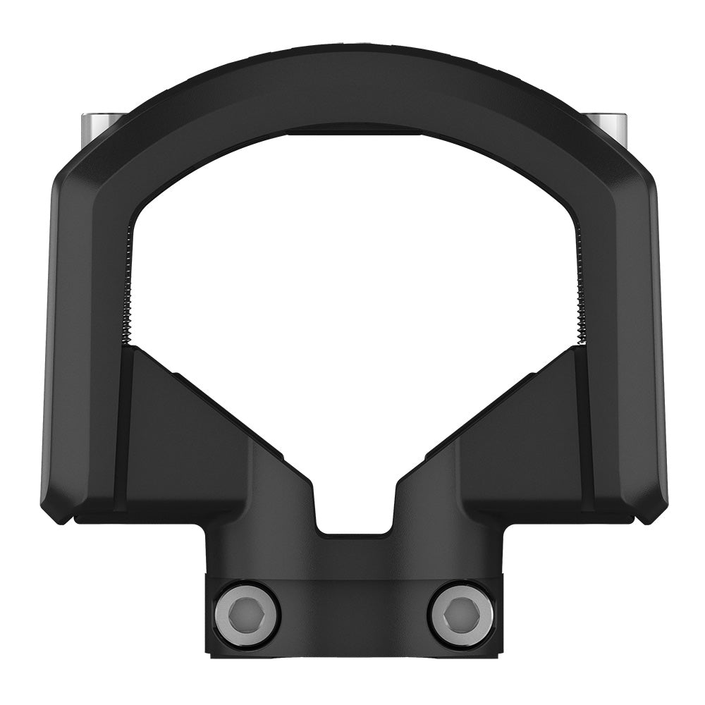 Black motorcycle handlebar mount bracket with silver hardware for audio or accessory installation