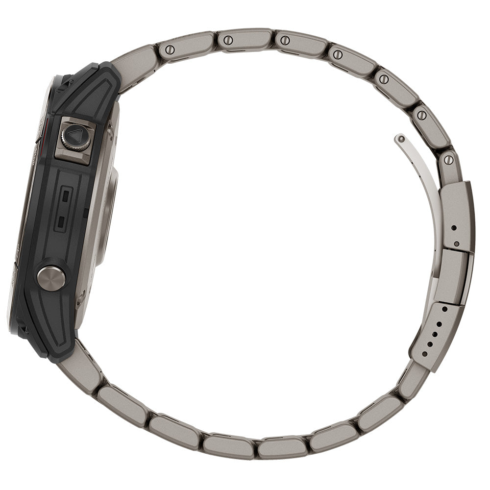 Rugged smartwatch with metal link band, side view showing buttons and durable design