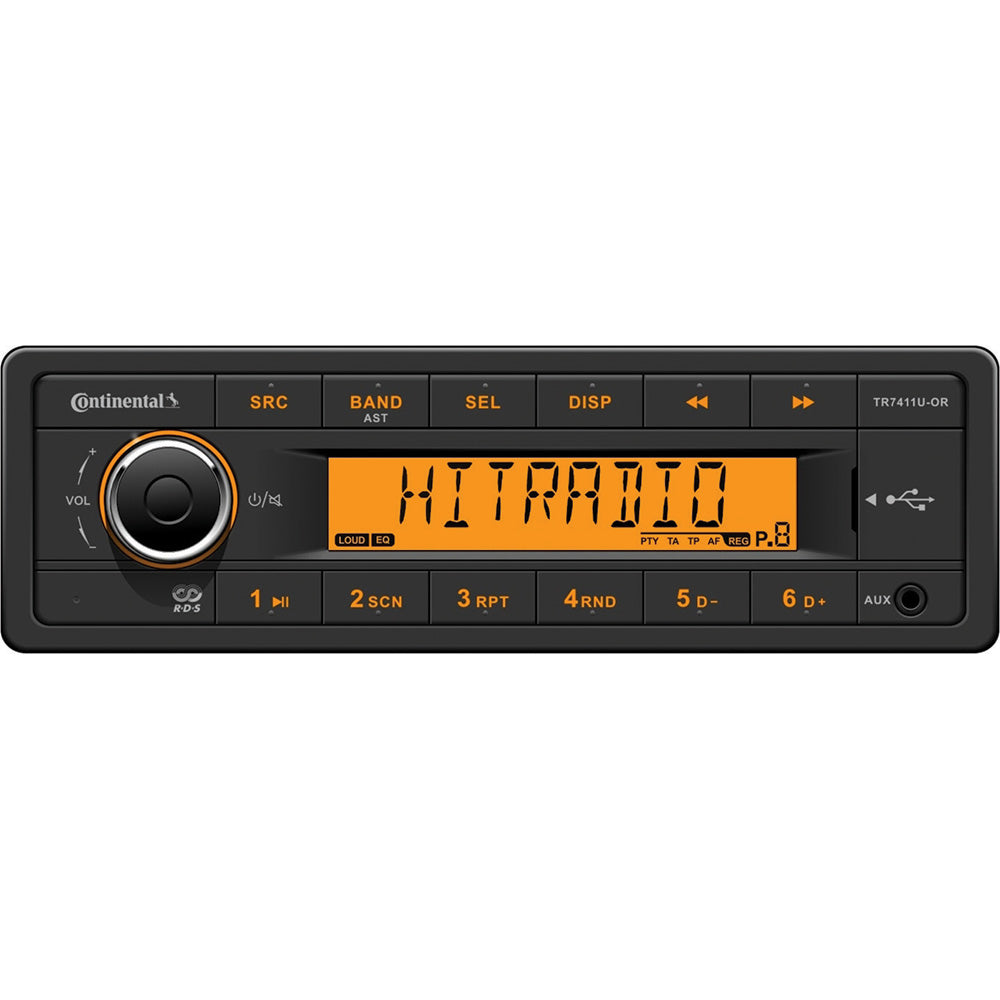Continental car stereo with orange display, USB port, and RDS radio features for auto audio installation