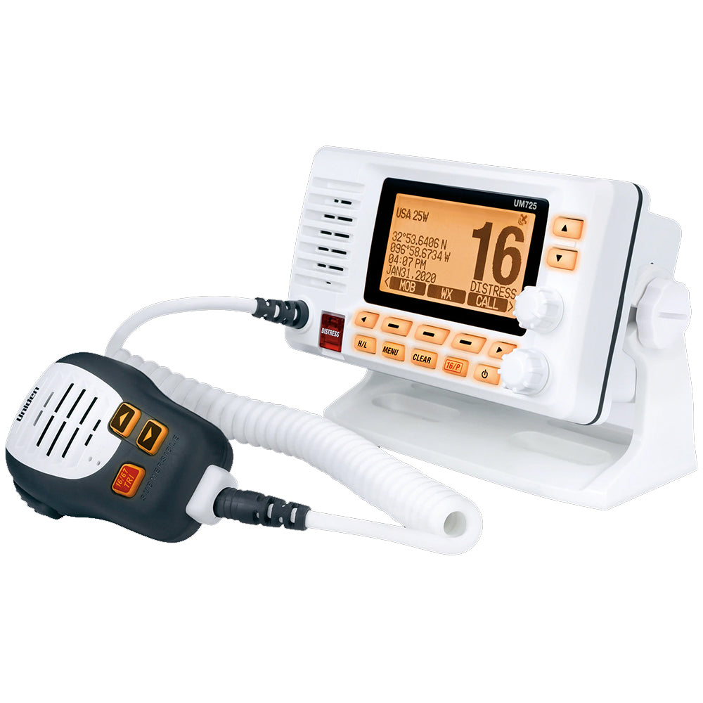 Uniden marine VHF radio with distress button and coiled mic, displaying channel 16 and GPS coordinates