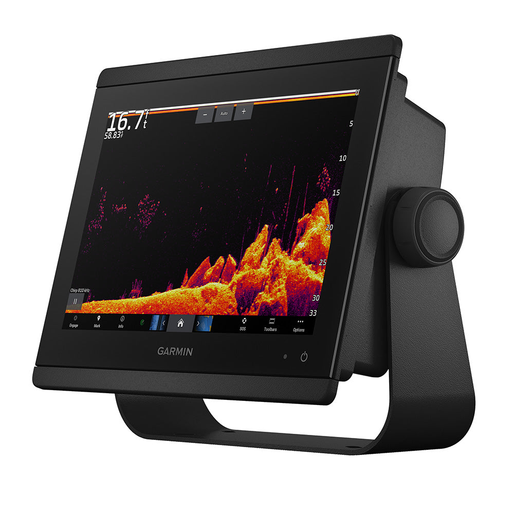 Garmin fish finder with sonar display showing depth and underwater terrain for boating and fishing