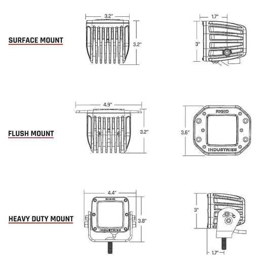 Rigid Industries LED light mounting options: surface, flush, and heavy duty with dimensions