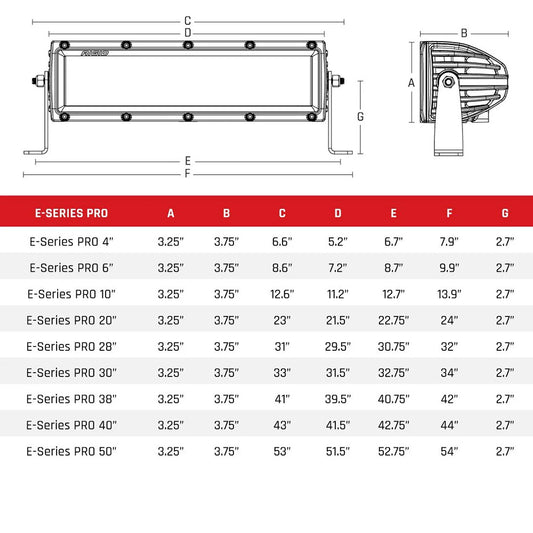 Rigid E-Series Pro LED light bar dimensions chart for off-road and vehicle lighting installations