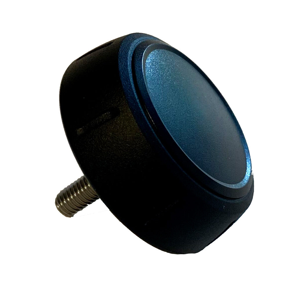 Blue push button switch with threaded base for car audio or electronics installation