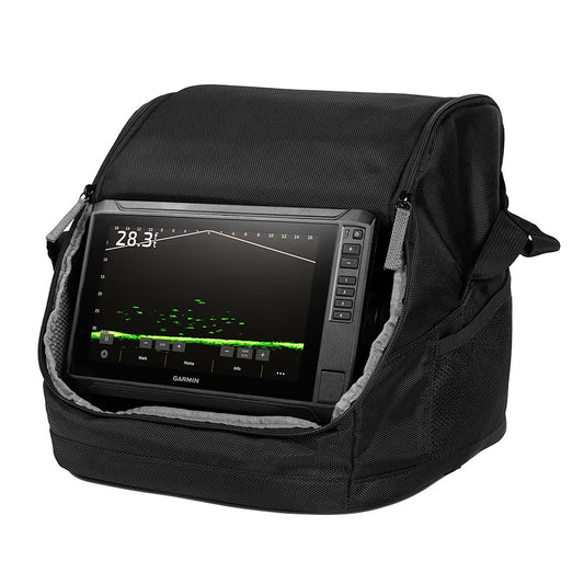 Garmin fish finder in protective black carrying case, displaying depth and sonar readings