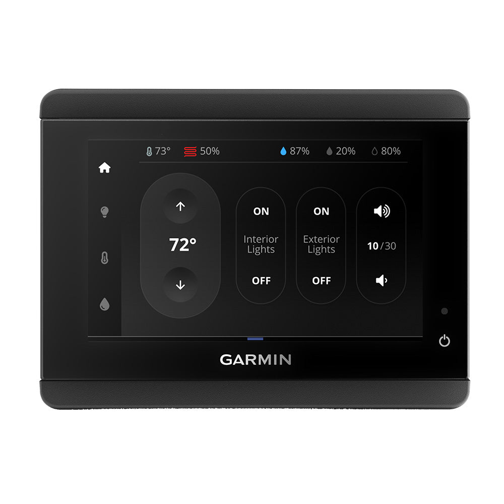 Garmin smart control panel for home automation, managing temperature, lights, and audio settings