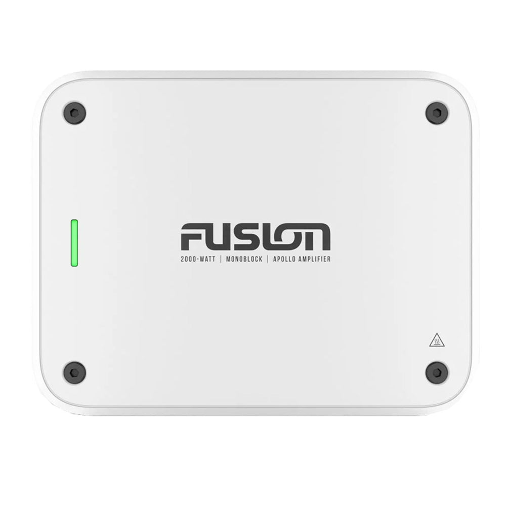Fusion 2000-watt monoblock Apollo amplifier with green power indicator, ideal for car audio systems