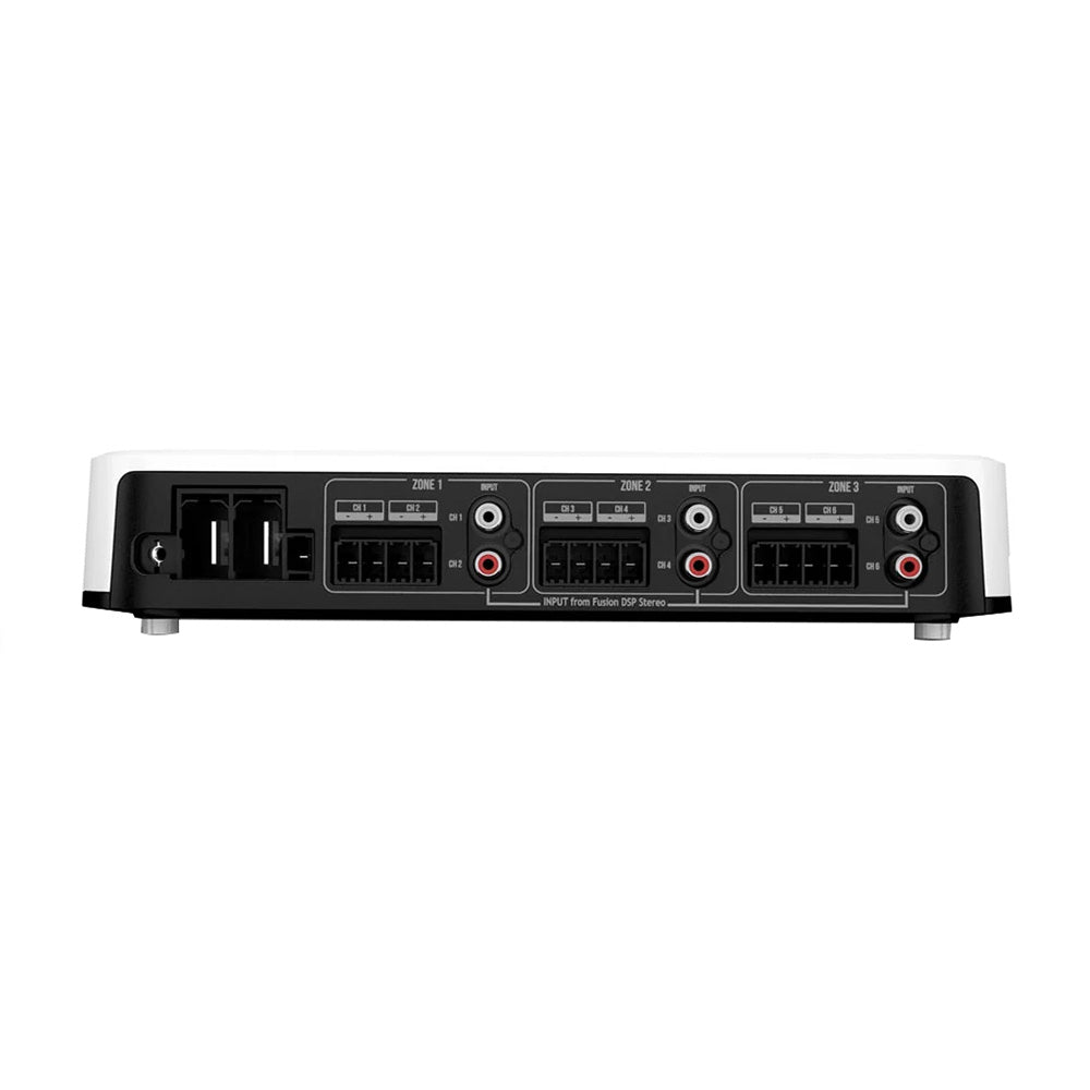 Rear view of multi-zone car audio amplifier with 6-channel DSP inputs and RCA connectors for custom installation