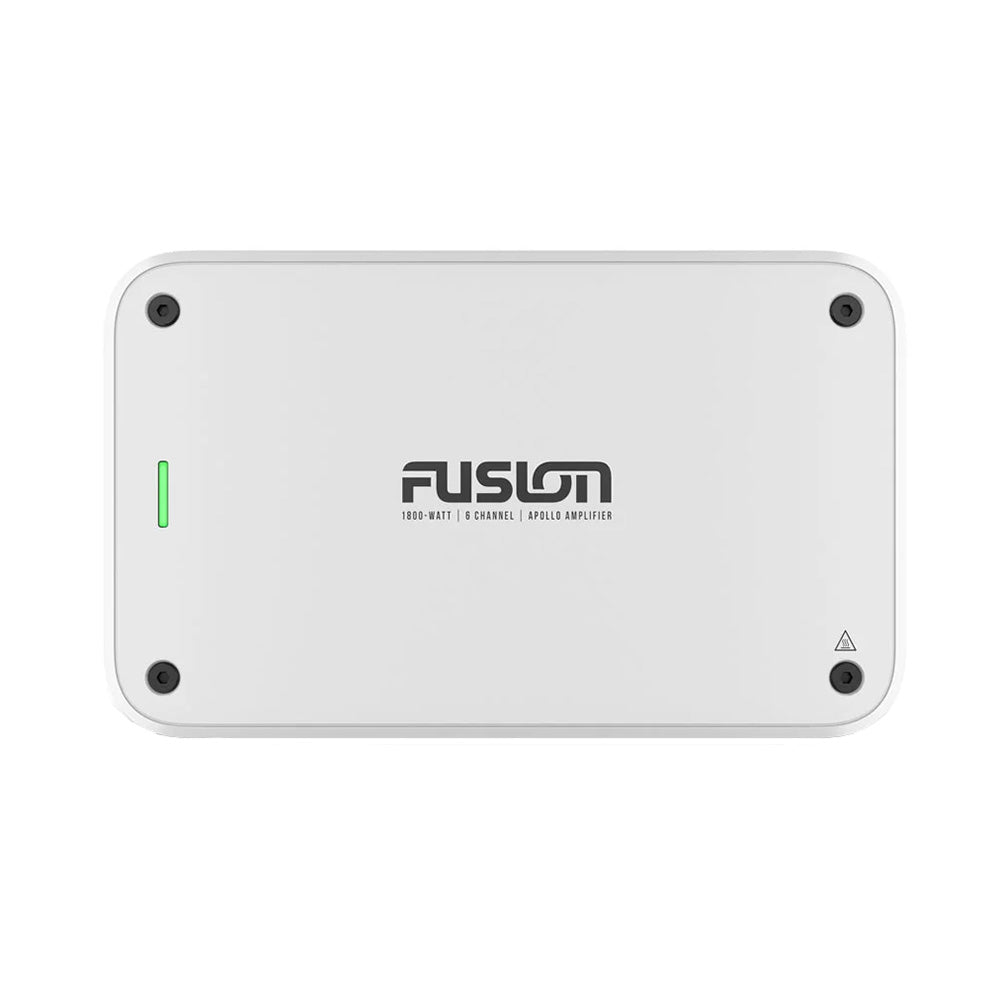 Fusion 1800W 6-channel Apollo amplifier with green power indicator, sleek white design