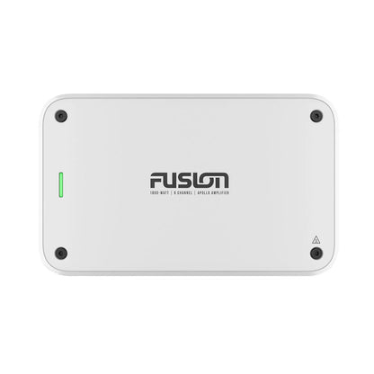 Fusion 1800W 6-channel Apollo amplifier with green power indicator, sleek white design
