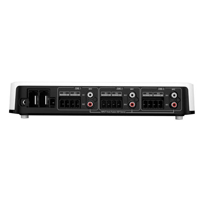 Multi-zone car audio amplifier with 6-channel input, DSP stereo compatibility, and clean rear panel connections