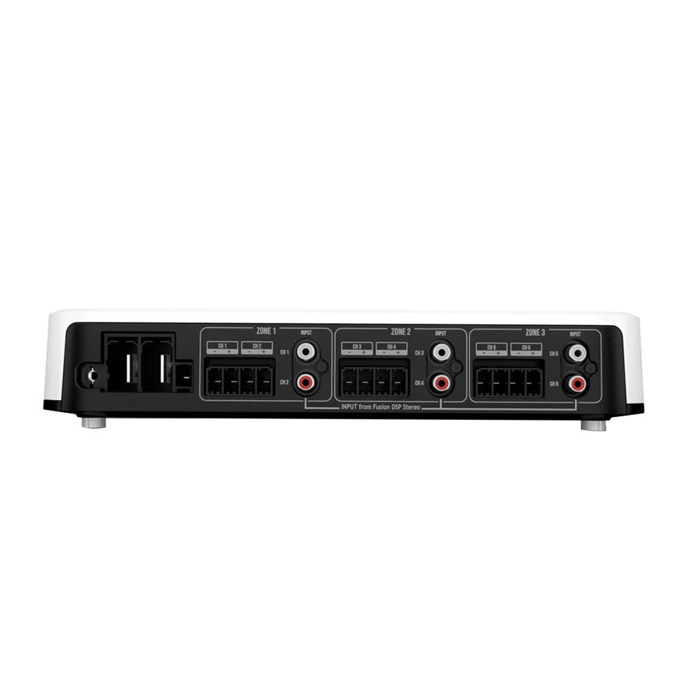 Rear view of multi-zone car audio amplifier with 6-channel DSP input and speaker terminals for custom installation