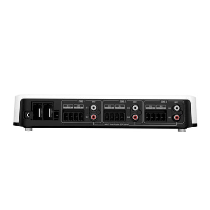 Rear view of multi-zone car audio amplifier with 6-channel DSP input and speaker terminals for custom installation