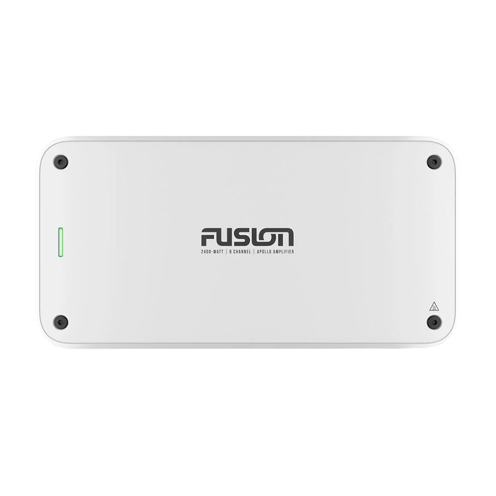 Fusion 2400-watt 8-channel Apollo amplifier with green power indicator, sleek white design