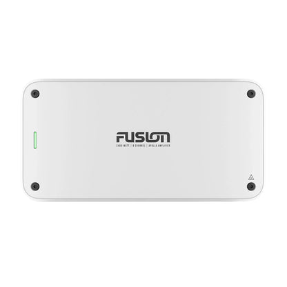 Fusion 2400-watt 8-channel Apollo amplifier with green power indicator, sleek white design